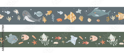 Childrens sea animal background with shell. Nautical elements border. Cute fish or ocean inhabitant with seaweed. Sea wild life, marine animals with plants for cover design, cloth