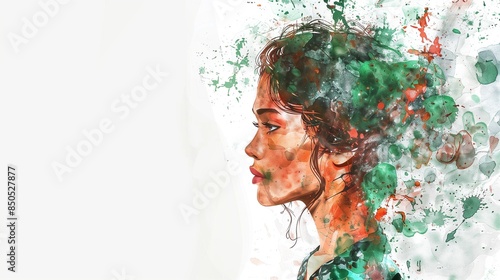 Abstract raster watercolor hand drawn portrait illustration of girl in profile filled with mix of green and red oil paints with stains on white background