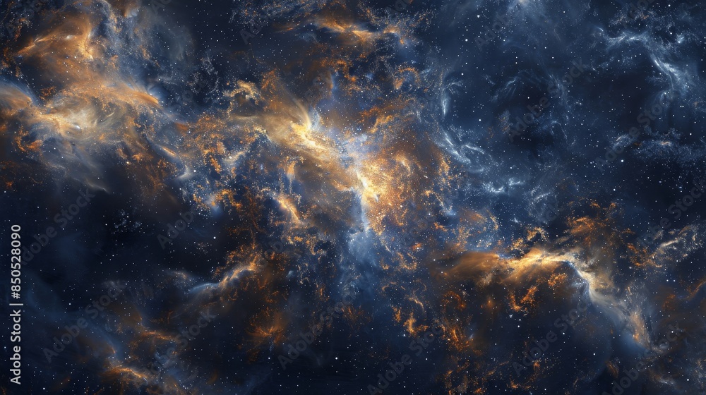 Obraz premium Cosmic dust clouds and galaxies in blue and black illuminated by gold and silver