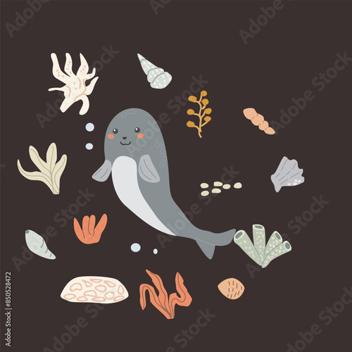 Childrens sea animal background with shell. Nautical elements card. Cute fish or ocean inhabitant with seaweed. Sea wild life, marine animals with plants for cover design, cloth