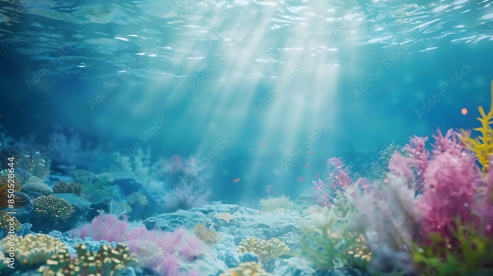 Fototapeta premium Serene underwater scene with colorful marine plants and coral reef in clean azure water on sea bottom and sun rays from surface Beautiful undersea background 3D animation rendered in 4 : Generative AI