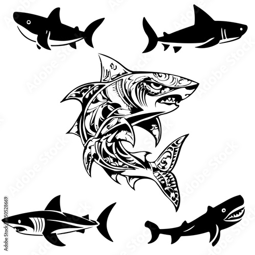 Polynesian-style shark tattoo. Vector set of EPS 10 icons