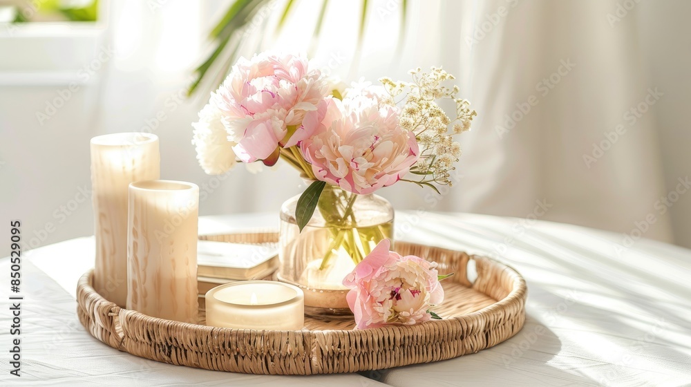 a home interior with peonies in a vase, complemented by a wicker tray with candles and a book against a window backdrop. a home interior with peonies in a vase, complemented by a wicker tray with candles and a book against a window backdrop.
