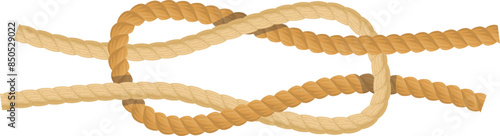 Complex knot rope beige color isolated white background. Detailed knot nautical theme illustration beige. Twisted sturdy beige rope instructions guide