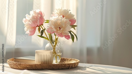 Fototapeta Naklejka Na Ścianę i Meble -  a home interior with peonies in a vase, complemented by a wicker tray with candles and a book against a window backdrop.