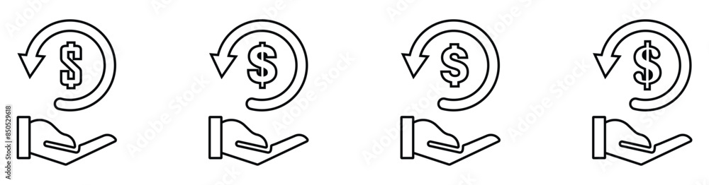 cashback icon, return money, cash back rebate, thin line web symbol on white background - editable stroke vector illustration eps10. with hand cashback icon, return money, cash back rebate, thin line web symbol on white background - editable stroke vector illustration eps10. with hand