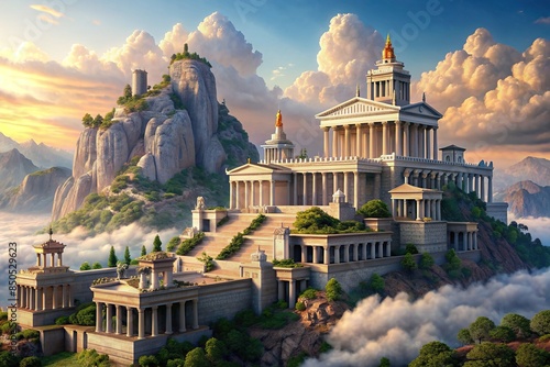 of modern Mount Olympus with grand temples and mythical creatures, Mount Olympus, temples photo