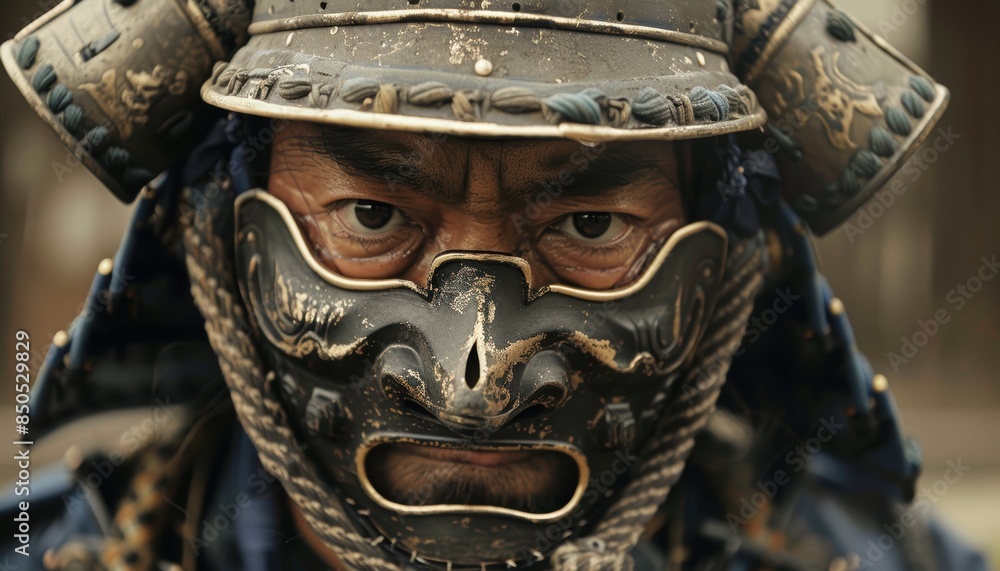 Portrait of a samurai warrior wearing traditional armor and a menacing face mask, embodying strength and ancient culture. Portrait of a samurai warrior wearing traditional armor and a menacing face mask, embodying strength and ancient culture.