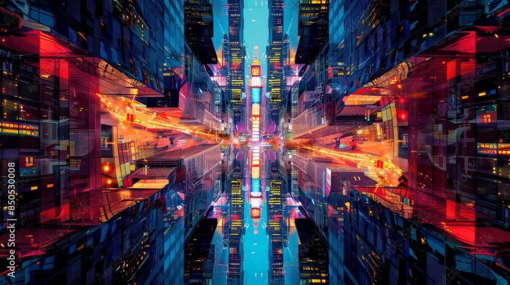 Fototapeta premium Bustling financial district with vibrant hues and dynamic shapes