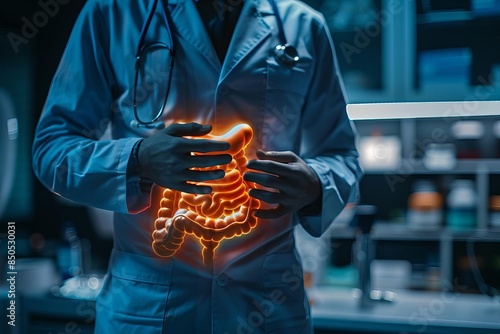 Doctor in lab coat highlights human digestive system with glowing intestines in a medical laboratory for health and wellness concept. photo