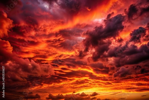 Red dark sky with clouds creating a sinister atmosphere at sunset, horror, eerie, spooky, dramatic, red, dark
