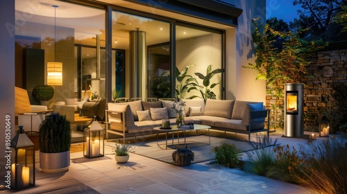 a modern outdoor terrace at night, adorned with garden furniture and contemporary LED lighting, with a spacious glass door leading to a lounge area. © lililia