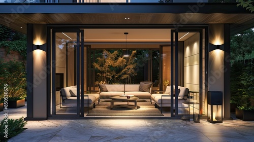 Wallpaper Mural a modern outdoor terrace at night, adorned with garden furniture and contemporary LED lighting, with a spacious glass door leading to a lounge area. Torontodigital.ca