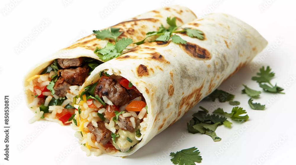 a burrito filled with meat and vegetables on a white background a burrito filled with meat and vegetables on a white background