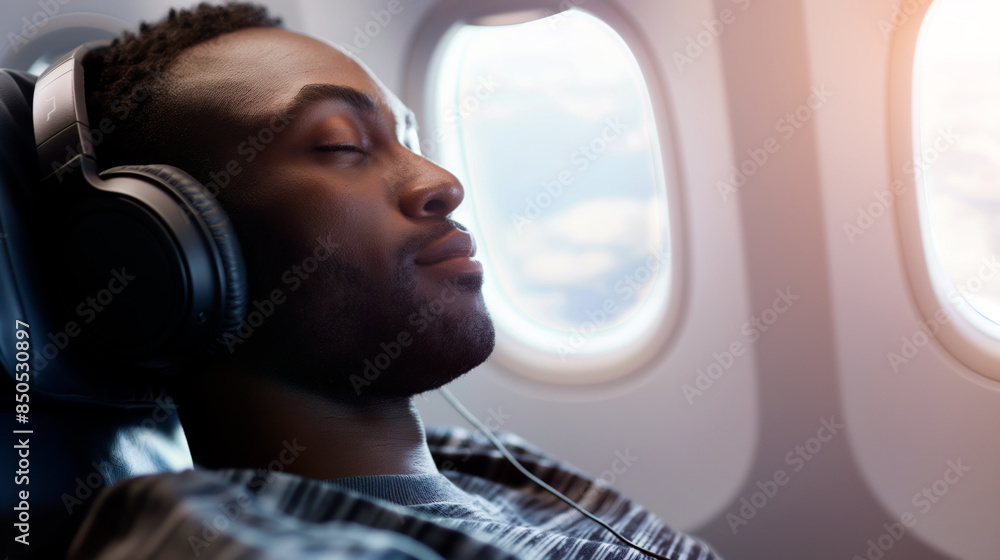 Fototapeta premium Portrait of afroamerican man listening to headphones on airplane.