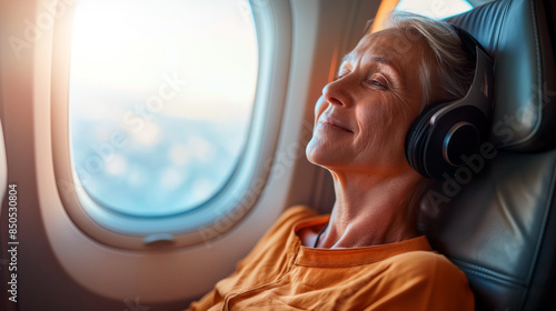 Portrait of  mature woman listening to headphones on airplane. © Elena Uve