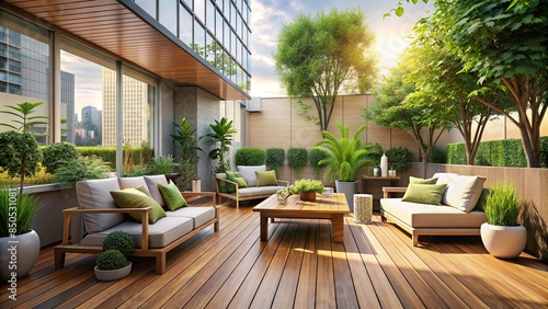 Stylish modern terrace with wood deck flooring, green plants © tammanoon