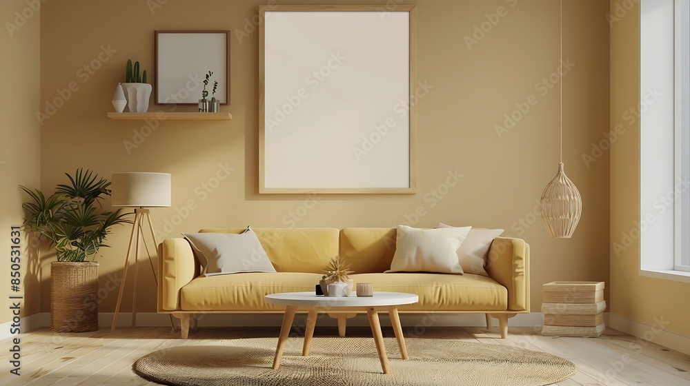 Fototapeta premium Warm and cozy composition of living room interior with mock up poster frame modular sofa wooden coffee table round rug beige wall modern rack and personal accessories Home decor Templa : Generative AI