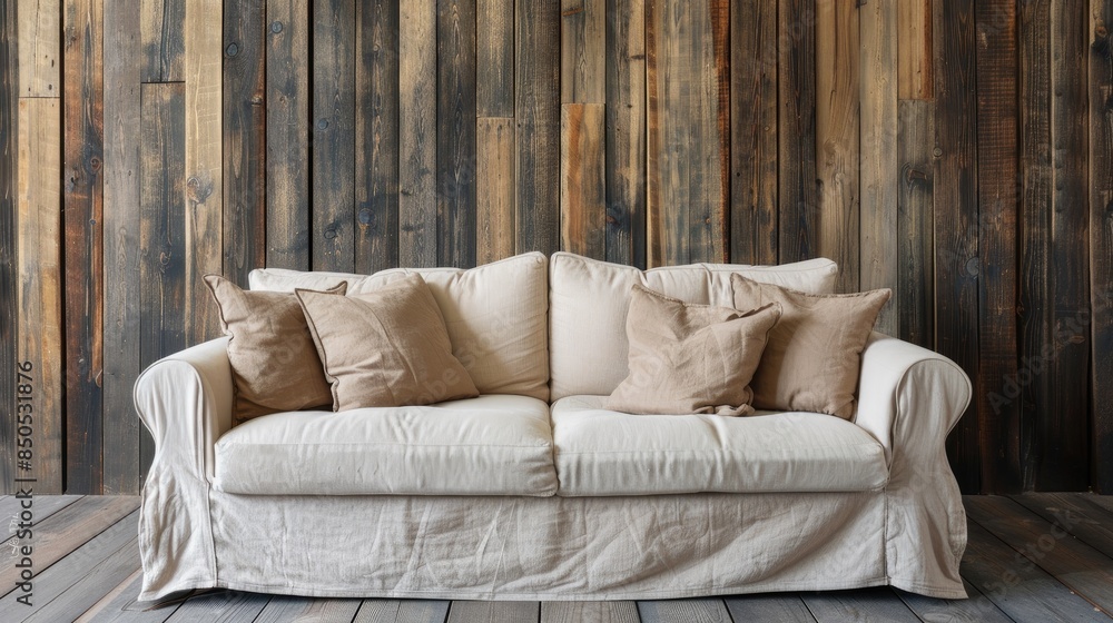 a linen-covered sofa adorned with pillows against a rustic wooden wall in a sunlit living room. a linen-covered sofa adorned with pillows against a rustic wooden wall in a sunlit living room.