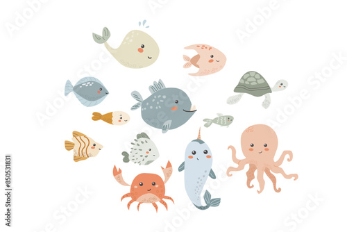 Childrens sea animal background with shell. Nautical elements card. Cute fish or ocean inhabitant with seaweed, shells. Sea wild life, marine animals background for cover design, cloth
