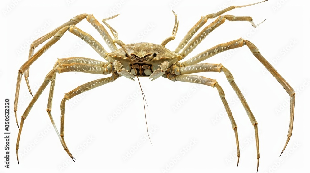 Large spanner crab is spreading its long, spindly legs on a bright white background, showcasing its unique anatomy Large spanner crab is spreading its long, spindly legs on a bright white background, showcasing its unique anatomy