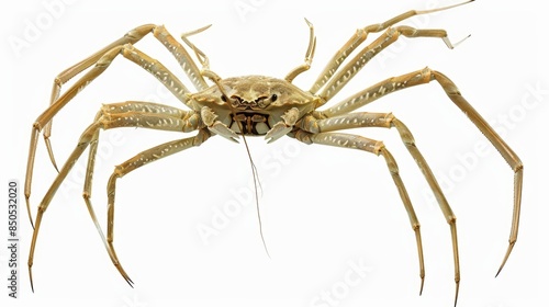 Large spanner crab is spreading its long, spindly legs on a bright white background, showcasing its unique anatomy photo