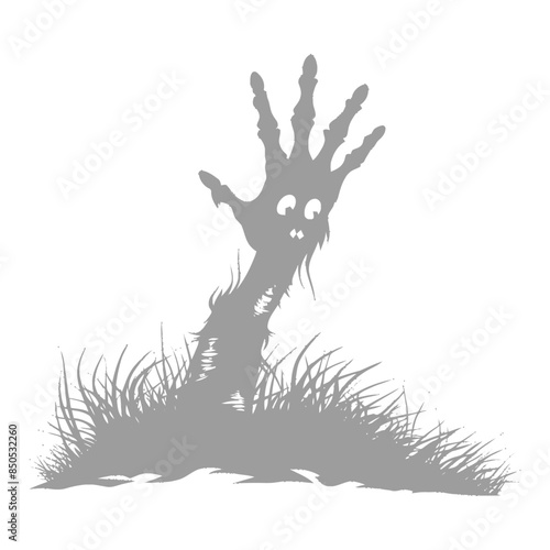 Cute Zombie Hand Emerging From Grassy Grave, Isolated Silhouette