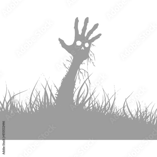 Zombie Hand Rising from Grave, Gray Silhouette on White.