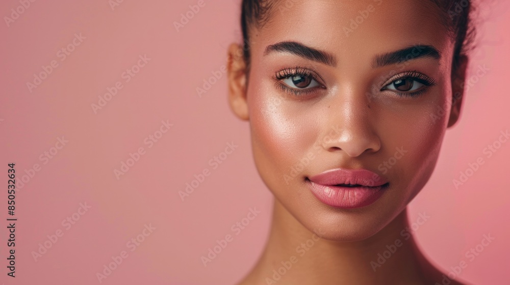 Close-up portrait of a beautiful black woman with flawless skin and natural makeup on a pink background. Ideal for beauty, skincare, and cosmetic promotions.