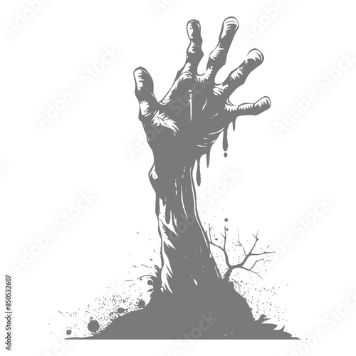 Grayscale Zombie Hand Emerging from Ground, Vector Horror Icon