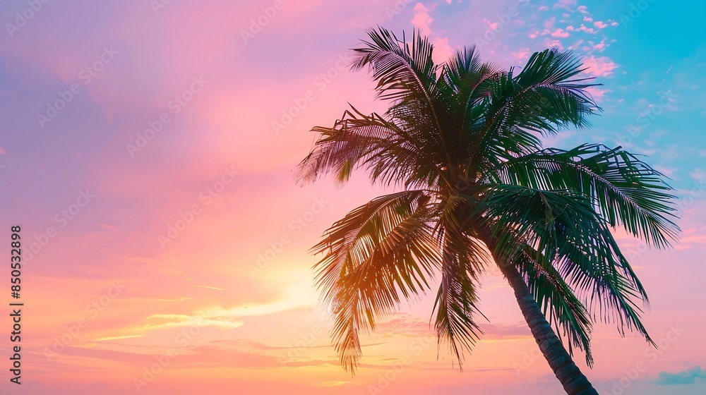 Beautiful sunset tropical beach with palm tree and pink sky for travel and vacation in holiday relax time : Generative AI Beautiful sunset tropical beach with palm tree and pink sky for travel and vacation in holiday relax time : Generative AI
