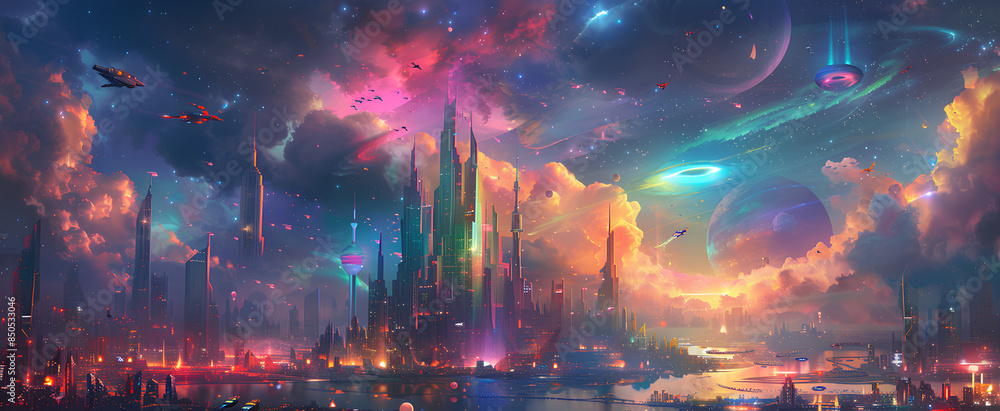 A futuristic city with falling skyscrapers and flying cars illuminated by neon lights. A futuristic city with falling skyscrapers and flying cars illuminated by neon lights.