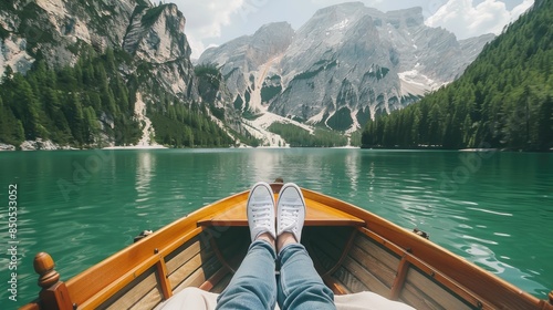 a young couple in white sneakers lying on the bow of an old wooden boat, their feet dangling over the serene lake with majestic mountains in the background.