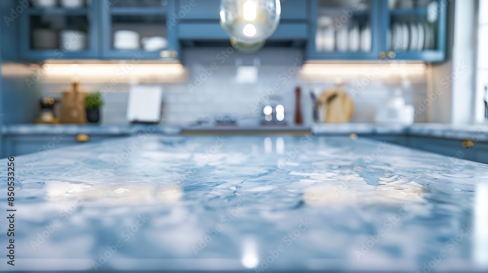 Empty marble kitchen island with clean surface in blue vintage kinchen in provence style Dining table against blurred stylish furniture with drawers and kitchenware Pendant lights hang : Generative AI Empty marble kitchen island with clean surface in blue vintage kinchen in provence style Dining table against blurred stylish furniture with drawers and kitchenware Pendant lights hang : Generative AI