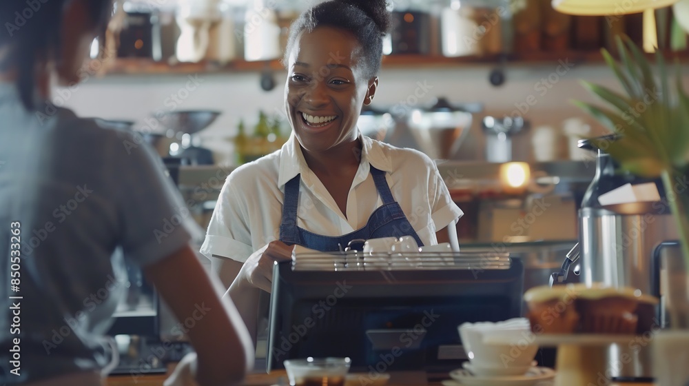 Happy woman barista and serving customer at cafe for service payment or order on counter at coffee shop African person waitress or employee in small business restaurant helping client : Generative AI Happy woman barista and serving customer at cafe for service payment or order on counter at coffee shop African person waitress or employee in small business restaurant helping client : Generative AI
