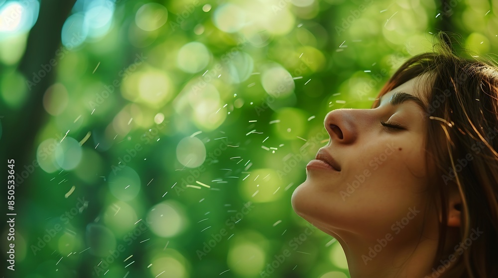 Fototapeta premium Profile of a relaxed woman breathing fresh air in a green forest : Generative AI
