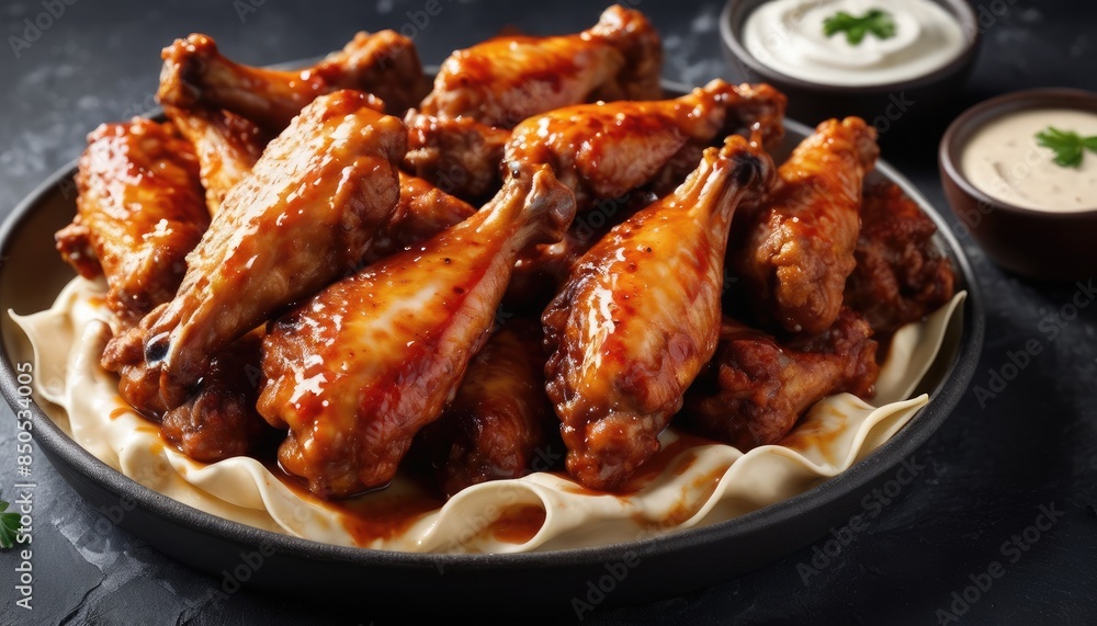 A plate of glazed chicken wings served with a side of creamy dipping sauce, perfect for a tasty and satisfying appetizer or snack A plate of glazed chicken wings served with a side of creamy dipping sauce, perfect for a tasty and satisfying appetizer or snack