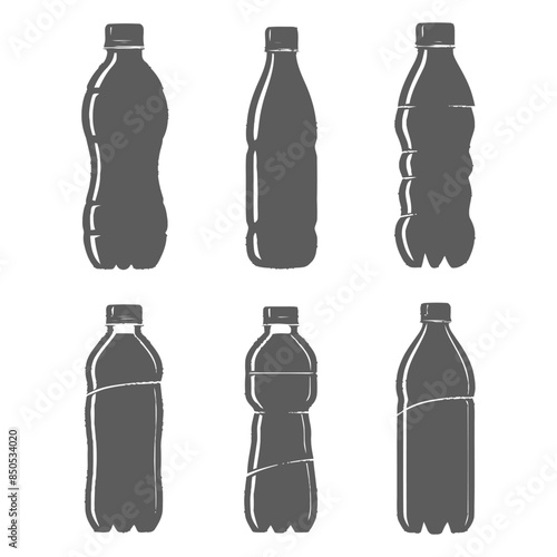 Six Silhouetted Plastic Water Bottle Icons, Gray Scale Illustration, Vector.