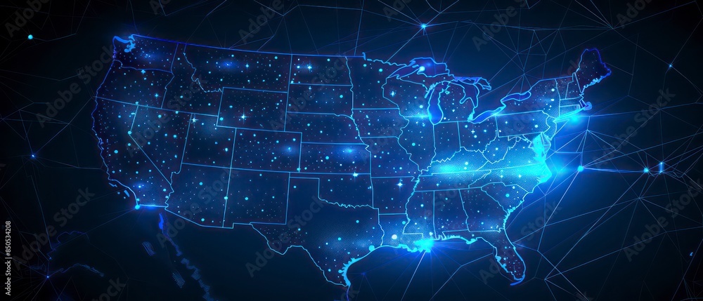 A modern US map showcasing glowing blue lines that intricately connect states, embodying futuristic advancements in digital mapping and connectivity A modern US map showcasing glowing blue lines that intricately connect states, embodying futuristic advancements in digital mapping and connectivity