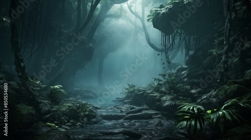 Exotic foggy forest. Jungle panorama, forest oasis. Foggy dark forest. Natural forest landscape. 3D illustration.