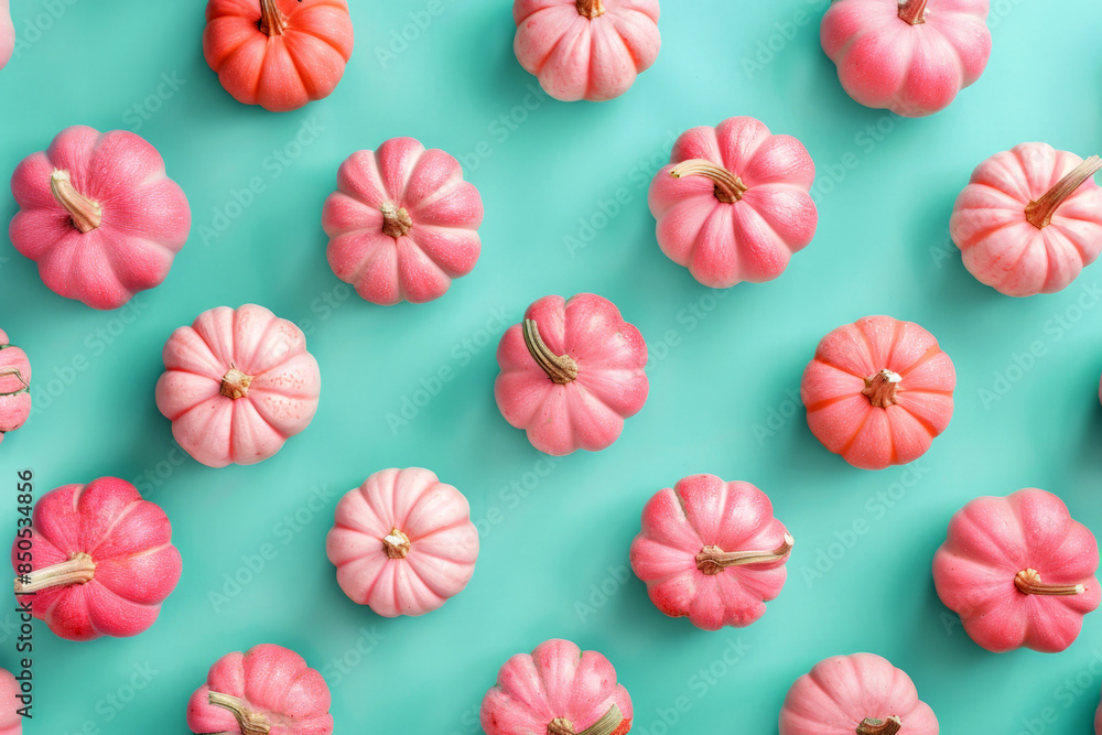 Obraz premium Pink pumpkins on turquoise background