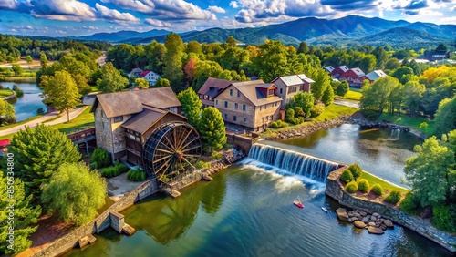 Scenic aerial view of historic island and nature mill in Pigeon Forge and Sevierville Tennessee, Pigeon Forge, Sevierville photo
