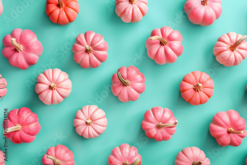 Pink pumpkins on turquoise background