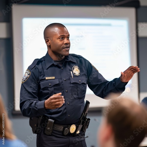 A police officer giving a presentation on community policing strategies. Job ID: 1f8db64d-6622-48c6-9c8f-e9a330488936 photo