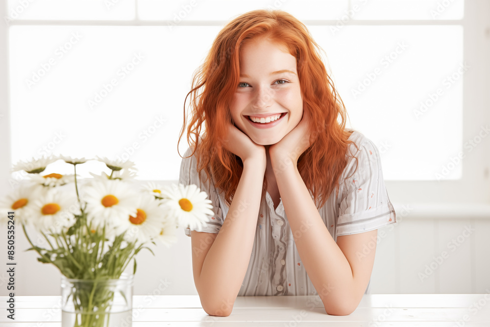 Smiling redhead girl enjoying a daisy's scent, sitting at a white table Smiling redhead girl enjoying a daisy's scent, sitting at a white table