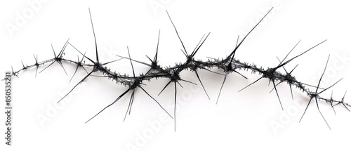 jagged barbed wire, starkly contrasted against a plain white background. Illustrates themes of hazard, boundary, and security in isolation