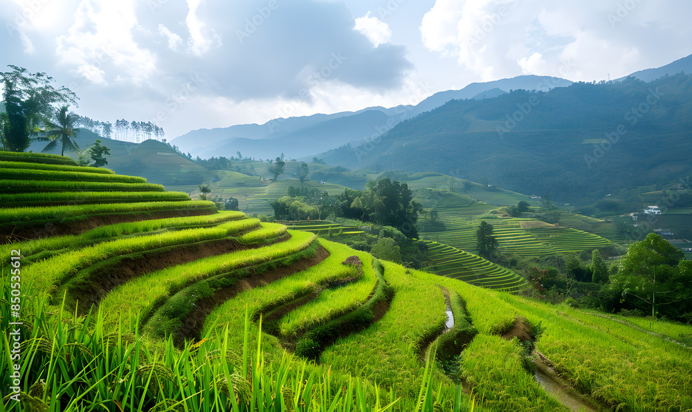 Rice planting, rice harvesting, and rice fields concept Rice planting, rice harvesting, and rice fields concept