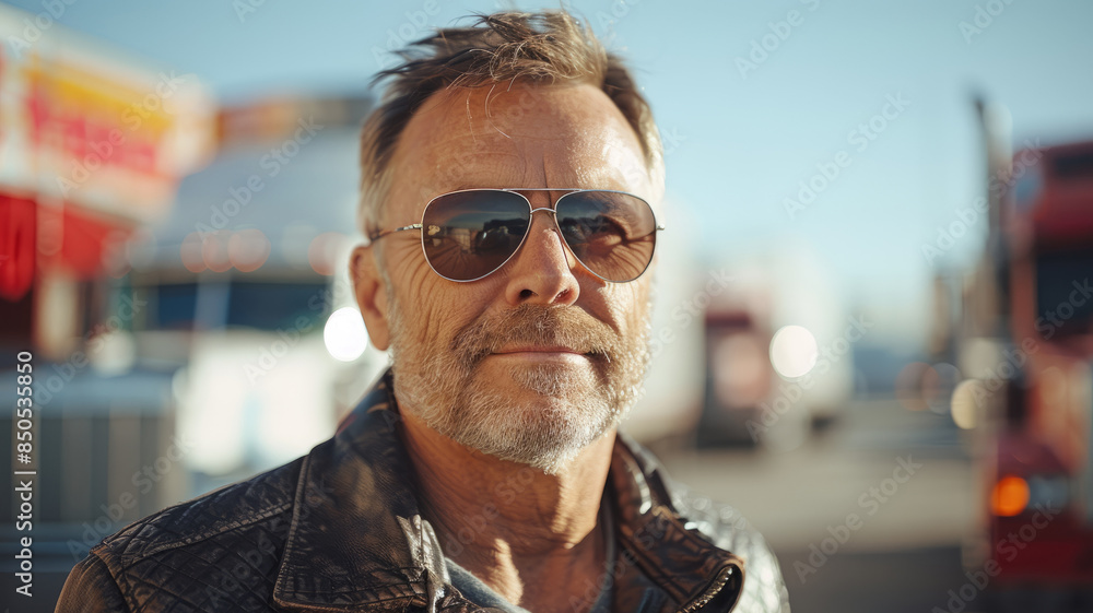 Middle-aged man in sunglasses outdoors near trucks Middle-aged man in sunglasses outdoors near trucks
