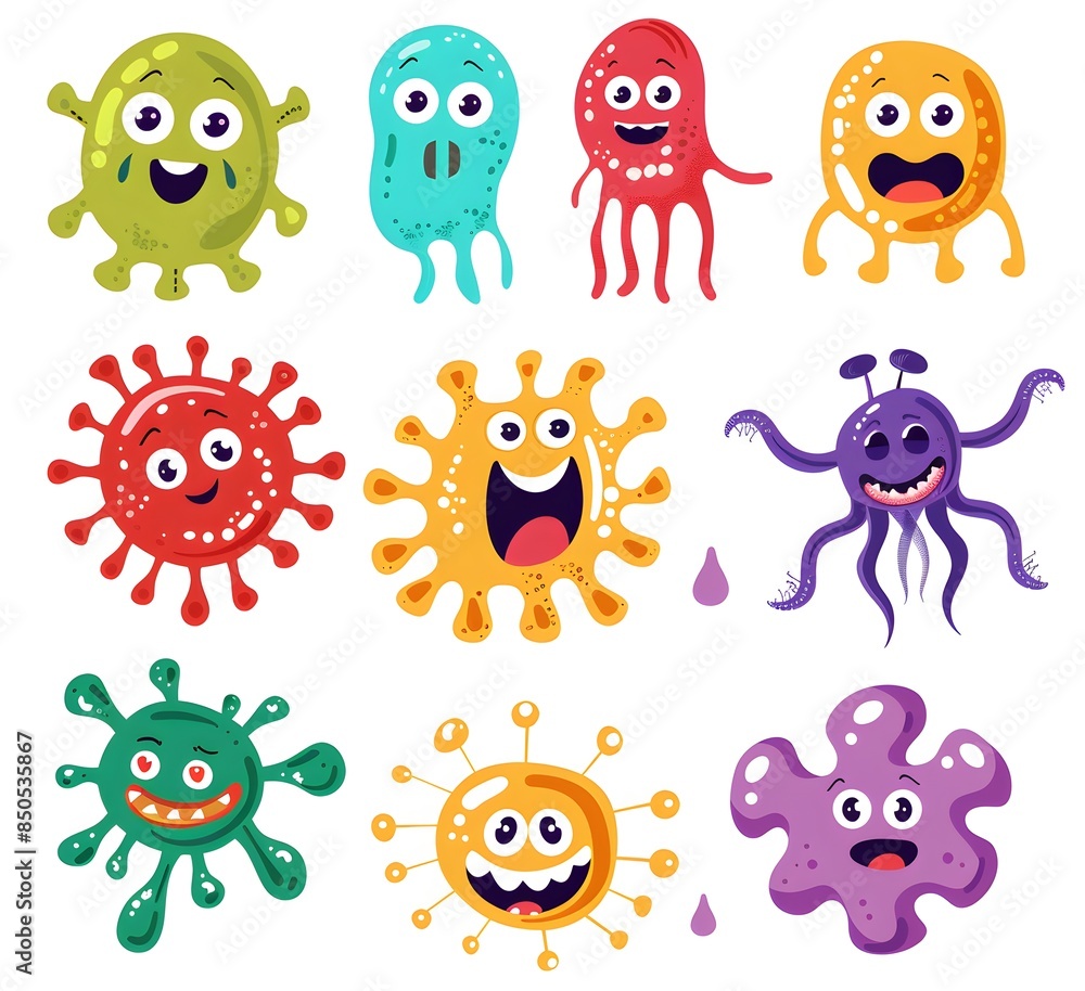 bacteria and viruses, cute illustrations and drawings of microorganisms, funny and cute, colorful, of different types and shapes bacteria and viruses, cute illustrations and drawings of microorganisms, funny and cute, colorful, of different types and shapes