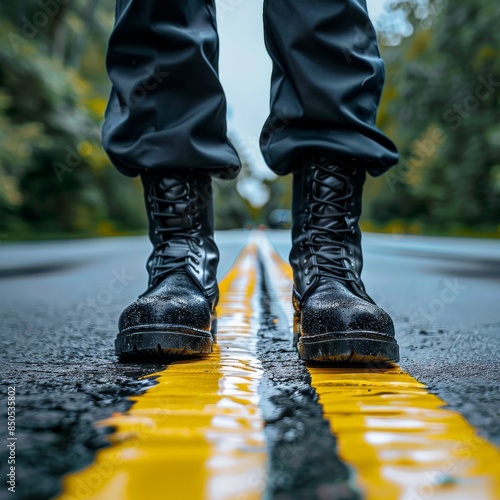 Close-up of a police officer's boots standing on a road while directing traffic. Job ID: 575c1733-f185-4358-9aee-567f32f85fd5 photo